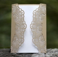 Detailed laser cut lace pattern on rustic kraft wedding invitation with white insert - Beige Gold