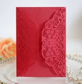 Detailed laser-cut dark red wedding invitation with elegant floral lace patterns - Red