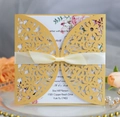 Detailed laser-cut floral wedding invitation with gold lace cover and cream ribbon - Gold
