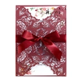 Laser cut burgundy wedding invitation with elegant floral hollow design and silk ribbon bow - Dark Red