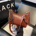 Vintage brown oil leather crescent bag in a gift box with a woven ring pendant - Brown with Pendant