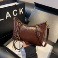 Retro dark brown wax leather half-moon bag with adjustable strap and tassel pendant - Coffee with Pendant