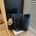 Matte black leather tote bag with white contrast stitching and a teddy bear charm - With Charm / Black