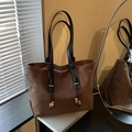 Brown faux suede tote bag with vintage beaded tassels and black long shoulder straps - Brown