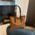 Vintage brown faux suede tote bag with black shoulder straps and tassel bead detail - Brown