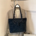 Vintage large tote bag in dark blue with contrast white stitching and shoulder strap - No Pendant / Black