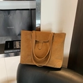 Retro brown oversized faux leather tote bag with white stitching on minimalist chair - No Pendant / Brown