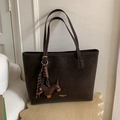 Dark brown matte leather tote bag with unique dachshund and chocolate bar charms - Coffee with Pendant