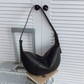 Fashionable black matte leather crescent hobo bag with a minimalist vintage texture finish - Black