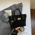 Fashionable black suede tote bag with gold metal logo and crossbody strap - Black without Pendant