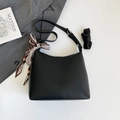 Black pebble leather hobo bucket bag with decorative silk scarf and thin strap - Black (With Pendant)