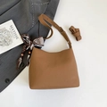 Brown lychee grain bucket bag with silk scarf accessory and adjustable strap - Ginger (With Pendant)