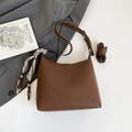 Brown lychee leather bucket bag with decorative scarf and adjustable shoulder strap - Coffee (With Charm)