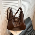 Retro brown hobo shoulder bag with a decorative metal buckle and woven rope detail - Coffee with Pendant