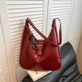 Retro burgundy Hobo shoulder bag with silver buckle and woven pendant detail - Red with Pendant