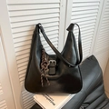 Chic black hobo underarm bag with silver buckle and decorative woven charm detail - Black with Pendant