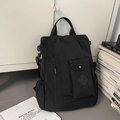 Versatile black minimalist nylon backpack featuring a multi-pocket design and metal buckle straps - Black
