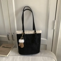 Black lamb wool trim tote bag with plush glove charm and adjustable double straps - Black