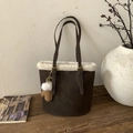 Dark brown suede tote bag with white faux shearling trim and plush heart charm - Brown