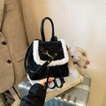 Leopard print mini backpack for women with white faux fur trim and gold metal lock - Black without Pendant