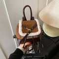 Brown faux leather mini backpack with white faux fur trim and vintage golden buckle - Brown No Pendant