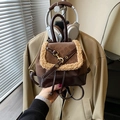 Mini retro backpack in brown color blocking with plush trim and drawstring detail - Coffee without Pendant