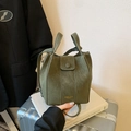 Olive green bucket bag in matte leather finish with contrast stitching and shoulder strap - Green Without Pendant