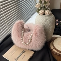 Chic pink faux fur handbag for women with elegant large pearl handle chain strap - Pink