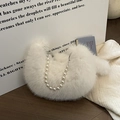 White fuzzy faux fur handbag with elegant pearl strap in a stylish Korean design - White
