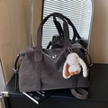 Dark coffee large capacity faux leather tote bag with a cute white rabbit pendant - Coffee with Pendant