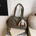 Army green large tote bag in matte leather finish with cute rabbit plush pendant - Green with Pendant