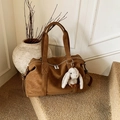 Minimalist brown faux leather tote bag with lychee texture and plush rabbit pendant - Brown with Pendant