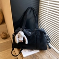 Minimalist black large capacity tote bag with adjustable strap and plush rabbit charm - Black with Pendant