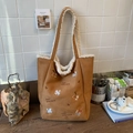 Bolso tote de ante marrón con ribete de felpa blanca y bordado de animales para otoño - Marrón
