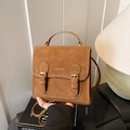 Vintage brown suede backpack with buckle details and contrast white stitching - Brown