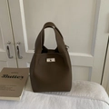 Elegant brown bucket bag in lychee pattern leather with a silver swivel metal lock - No Pendant / Brown