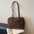 Dark brown suede tote bag with white contrast stitching and double shoulder straps - Coffee without Pendant