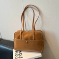 Brown faux suede tote bag with white contrast stitching and shoulder straps in retro style - Brown No Pendant