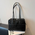 Classic black leather tote bag with white contrast stitching and long shoulder straps - Black without Pendant