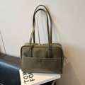 Minimalist dark green rectangular faux leather tote bag with long handles and front snap pocket - Green Without Pendant