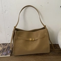 Borsa tote kaki minimalista in pelle liscia con fibbia in metallo vintage - Cachi