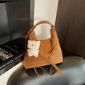 Caramel faux leather tote bag with a cute teddy bear charm and adjustable strap - Brown with Pendant