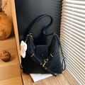 Matte black leather tote bag with long strap and cute white plush charm accessory - Black with Pendant
