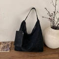 Sac hobo noir en daim grande capacité avec petite pochette zippée assortie de luxe - Noir