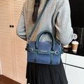 Retro navy suede patchwork handbag with adjustable shoulder strap and metal buckle detail - Small Square Bag (BL-6525) / Blue