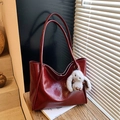 Vintage large capacity soft leather tote bag in deep red with plush rabbit charm - Wine Red With Pendant