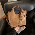 Brown vintage faux suede tote bag with plush puppy pendant and adjustable strap - Brown with Pendant