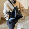 Black large-capacity soft leather tote bag with cute grey rabbit plush pendant charm - Black with Pendant