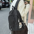 Black plaid school backpack with cute bear pendant and side drawstring pockets for students - Black with Pendant