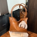 Caramel brown large capacity tote bag in soft leather with cute rabbit pendant charm - Brown with Pendant
